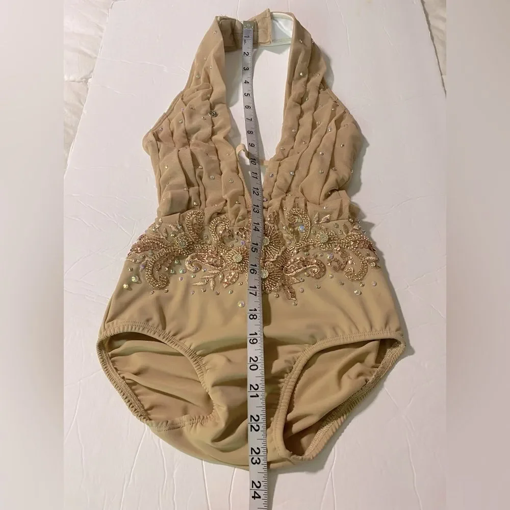 Glamorous solo dance costume Custom rhinestone lyrical dress gold tan LC child